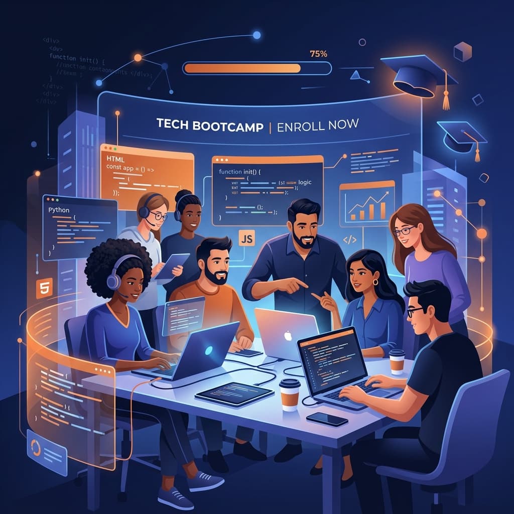 Students collaborating in a tech bootcamp environment